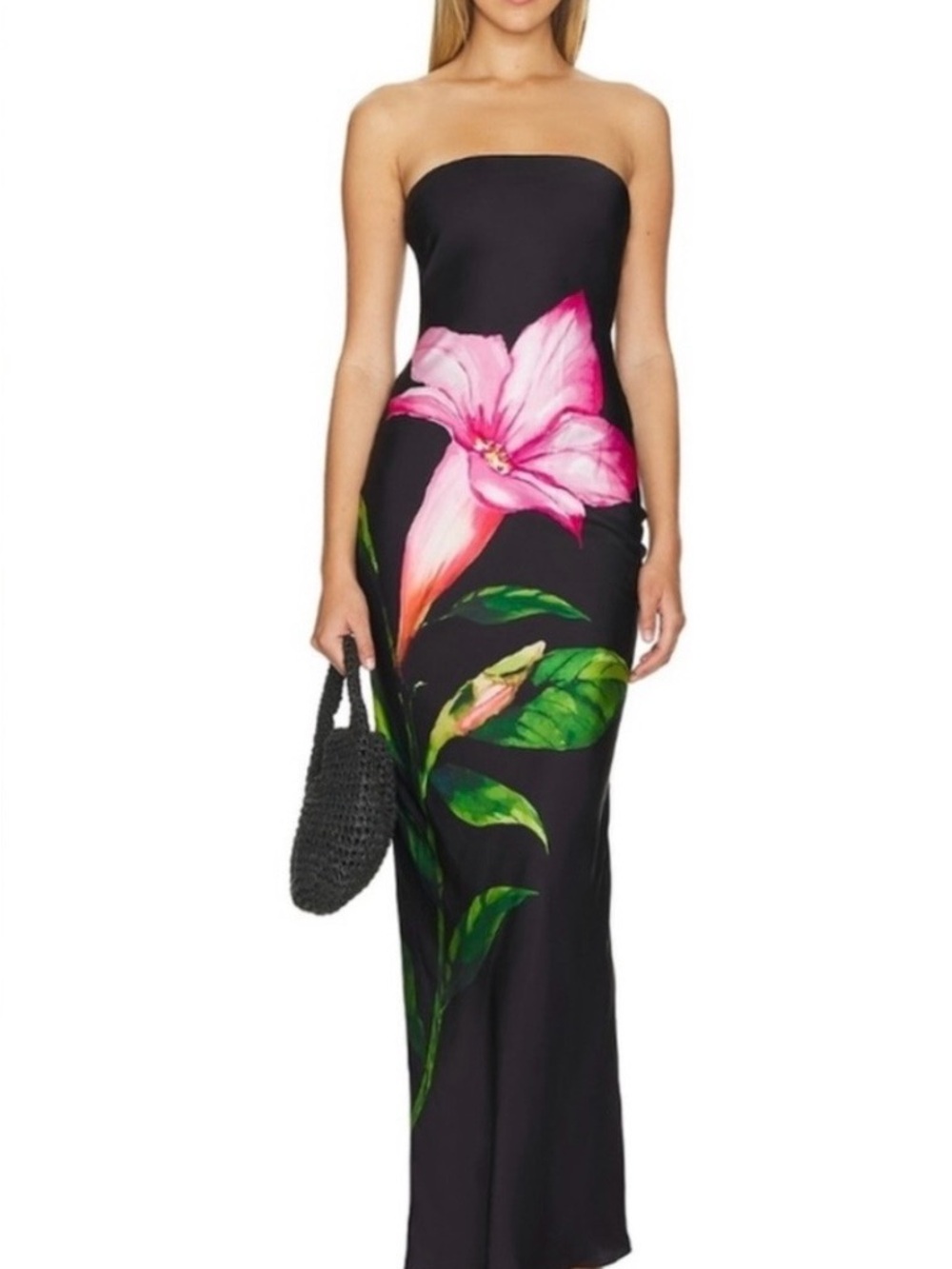 ROCOCO SAND Strapless Black Maxi Dress with Pink Floral Print, size small!